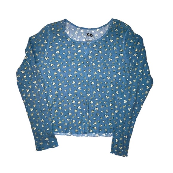 SO Long Sleeve Thermal Crewneck Shirt Flower Print Raw Hem Blue Size Lar… - Picture 1 of 5